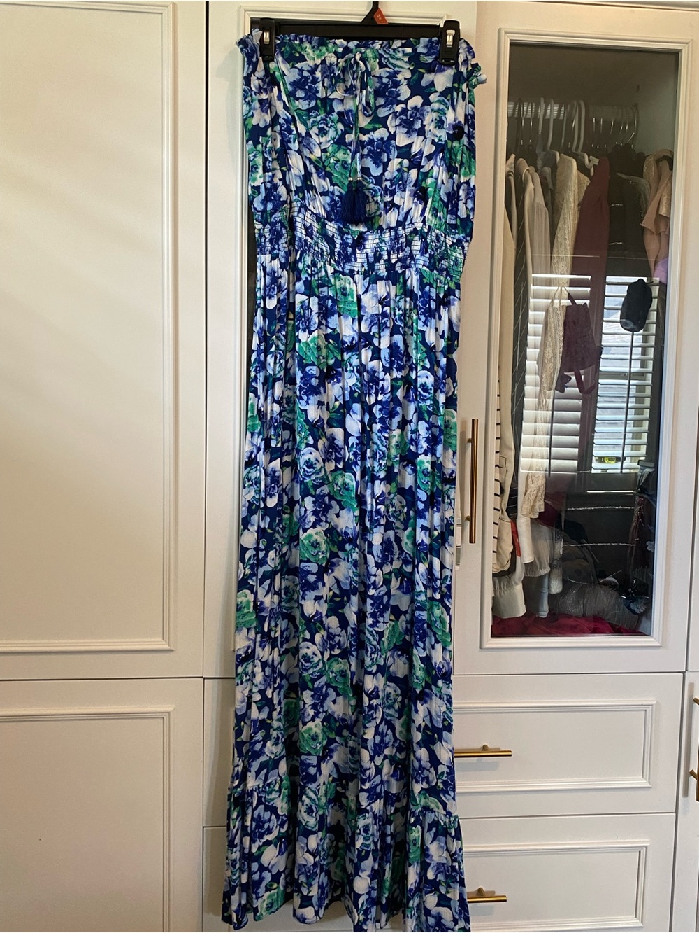 White House Black Market Blue, Green & White Floral Strapless Maxi Dress